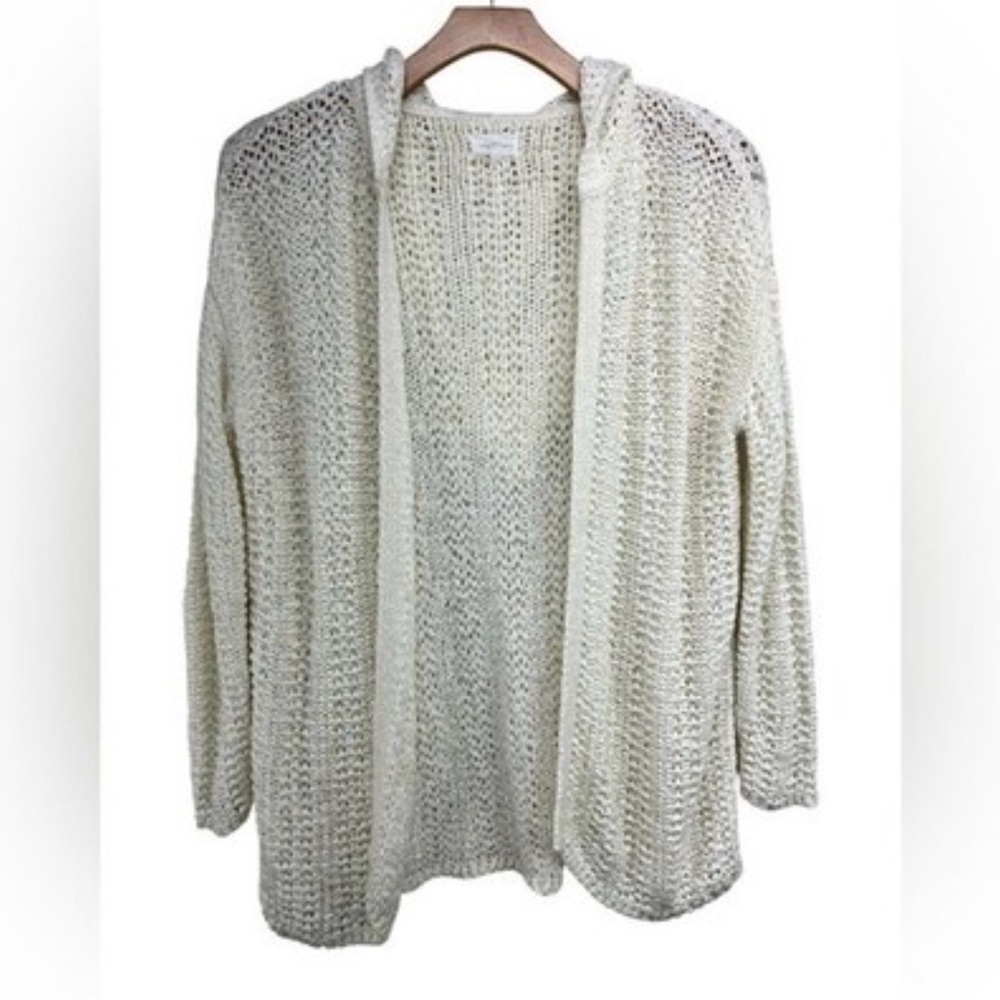 Lou & Grey Oversized Open Knit Hooded Cream Cardigan Womens M Loungewear Coverup
